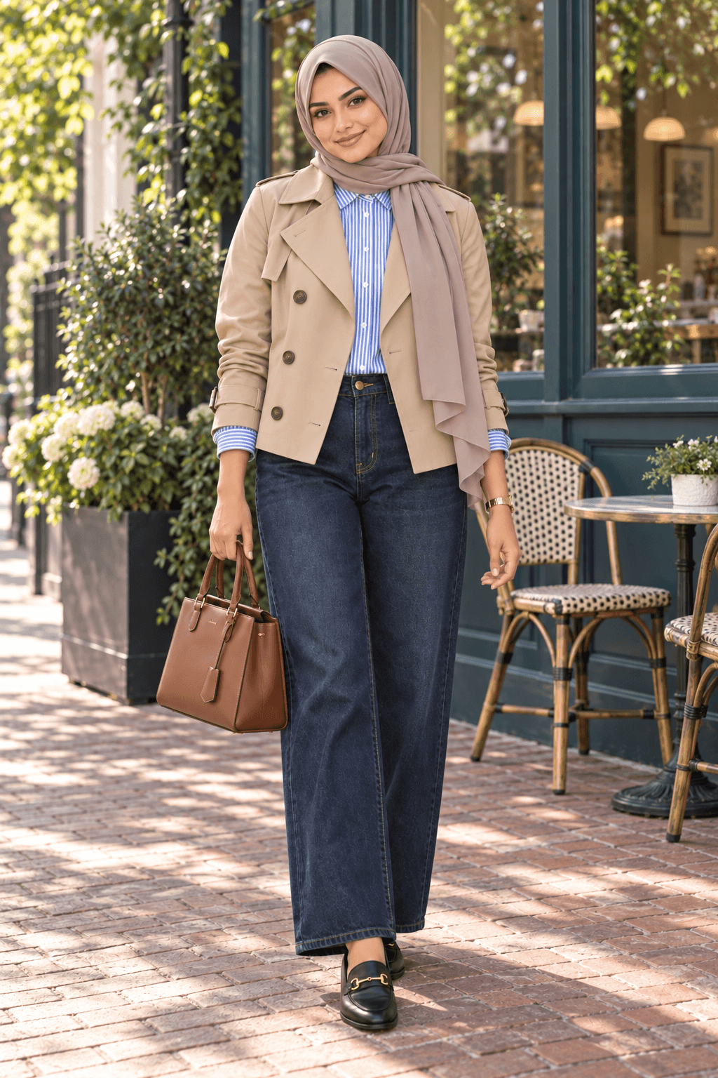 Model in a stone hijab, beige trench, striped shirt and denim outside a leafy café