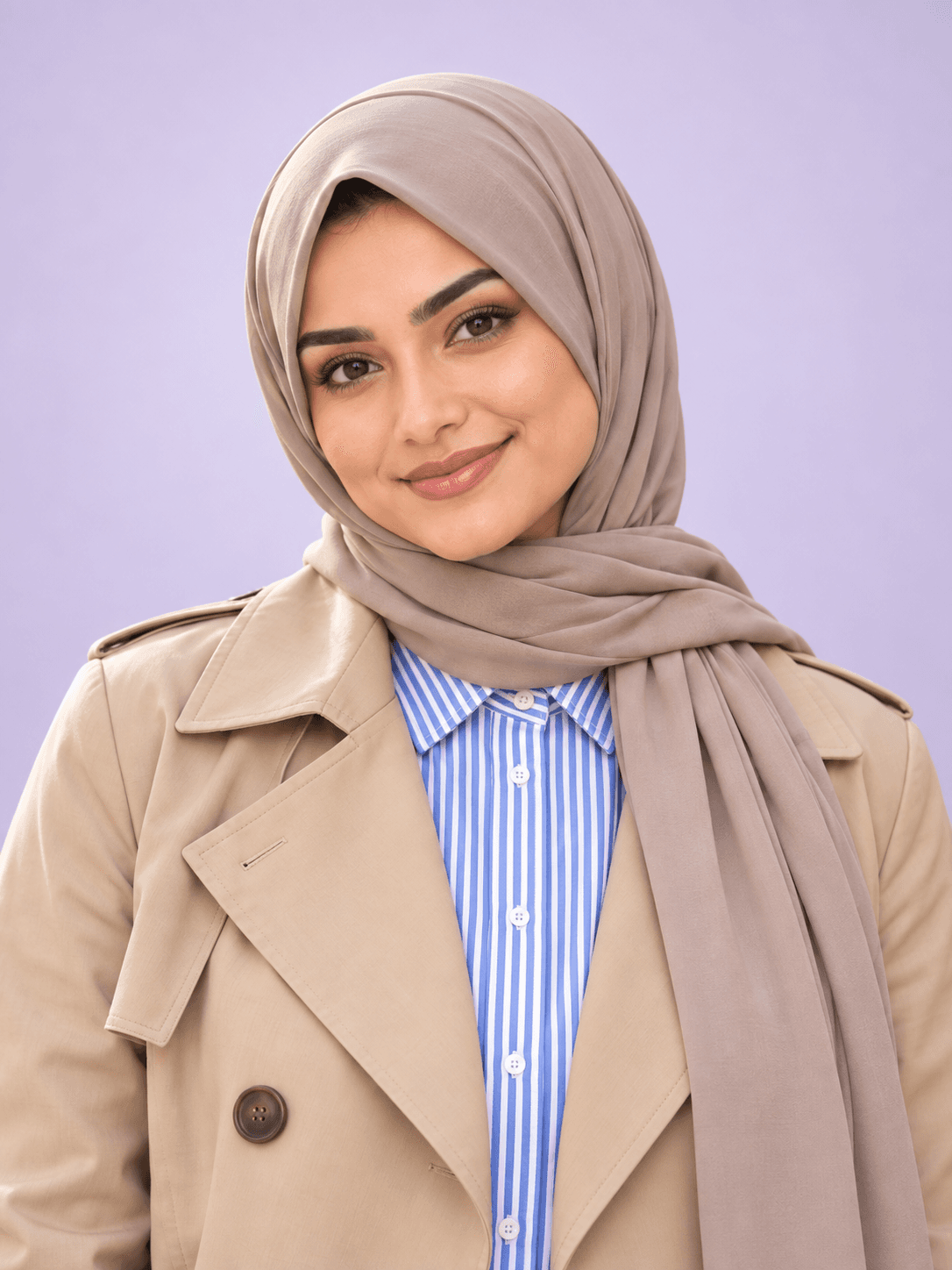 Polished Latte Makeup with a stone hijab, trench and striped shirt